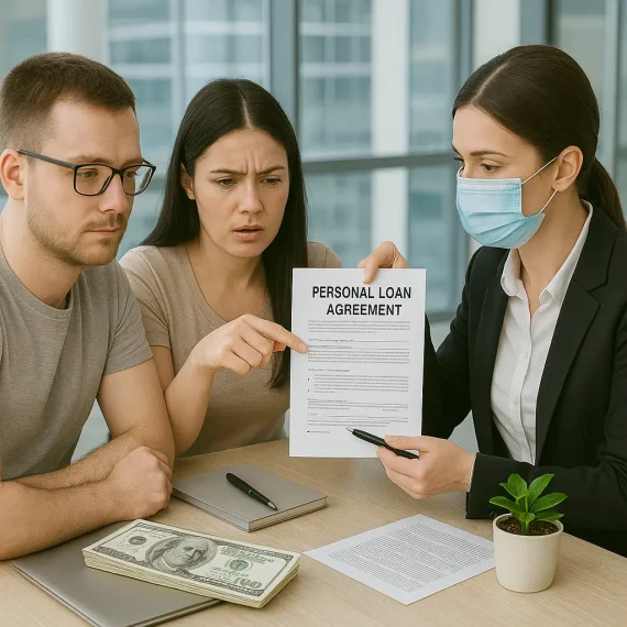 A couple reviewing a personal loan agreement